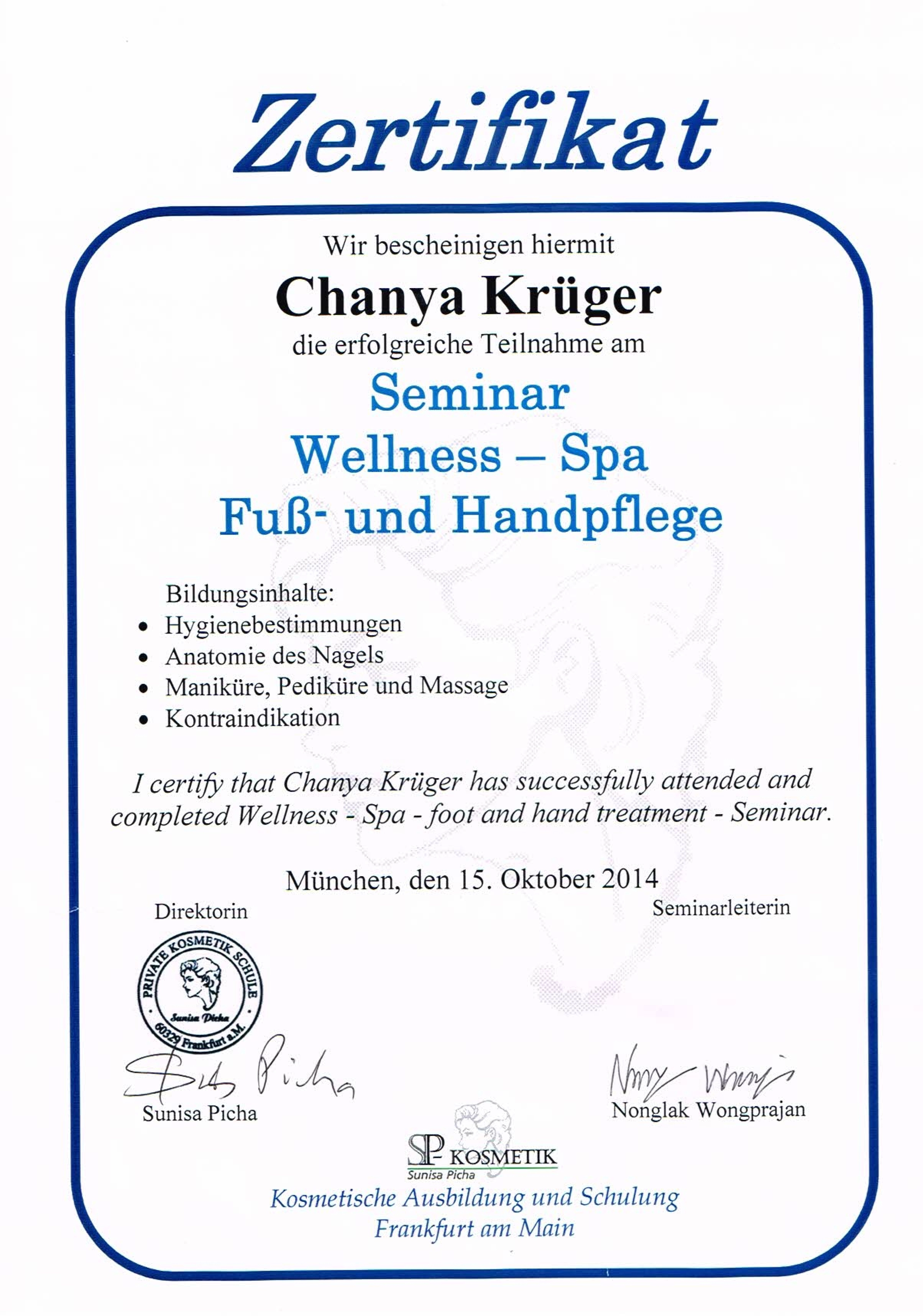 Wellness Spa Fuß- und Handpflege Zertifikat - Chanya Krüger Qualifikation